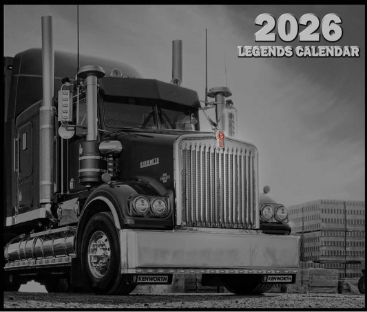 Black and white truck with '2026 Legends Calendar' text on a gray background