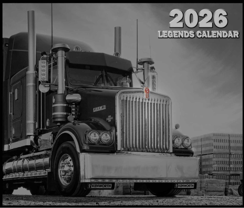 Black and white truck with '2026 Legends Calendar' text on a gray background