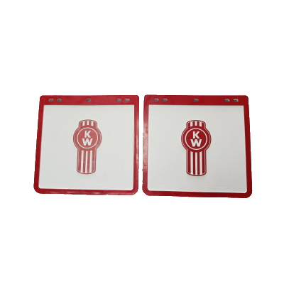 Two white mudflaps with raised red trim and the red Kenworth Bug logo in the center, displayed against a plain background.